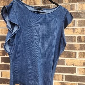 XL denim blue white house black market top, cap, ruffle sleeve